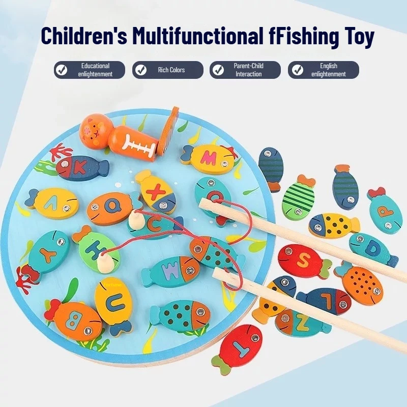 

Деревянная модель котенка с рыбой и буквами, цифровая модель, магнитная двойная игра для рыбалки, детская развивающая игрушка для раннего образования