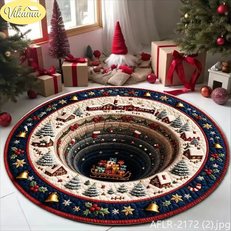 VIKAMA Deep Pit Illusion Christmas Town Print Area Rug Soft Non Slip Living Room Decorative Rug Washable Christmas Home Decor