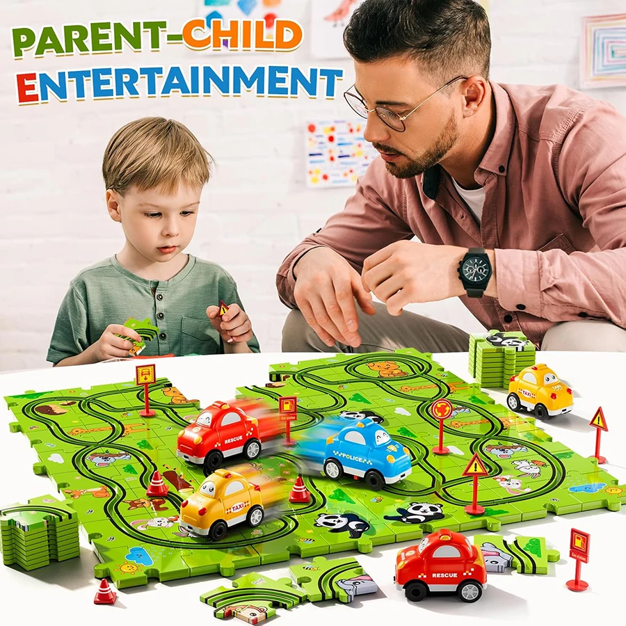 Ensemble de voiture de piste de course Puzzle pour tout-petits enfants garçons, jouets pour tout-petits cadeaux pour garçons et filles de 3 4 5 ans, jouets de voiture de pistes de puzzle