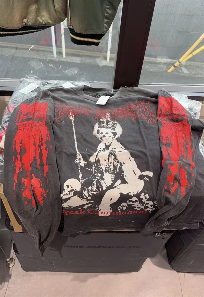 Autumn/Winter Saint Skull Throne Printed Water Washed Long Sleeve T-shirt Retro High Street Casual Loose Trendy Hip Hop Cotton