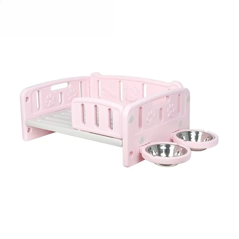 

Modern pink pet house with sustainably printed dog bed and two living room furniture plastic bowls