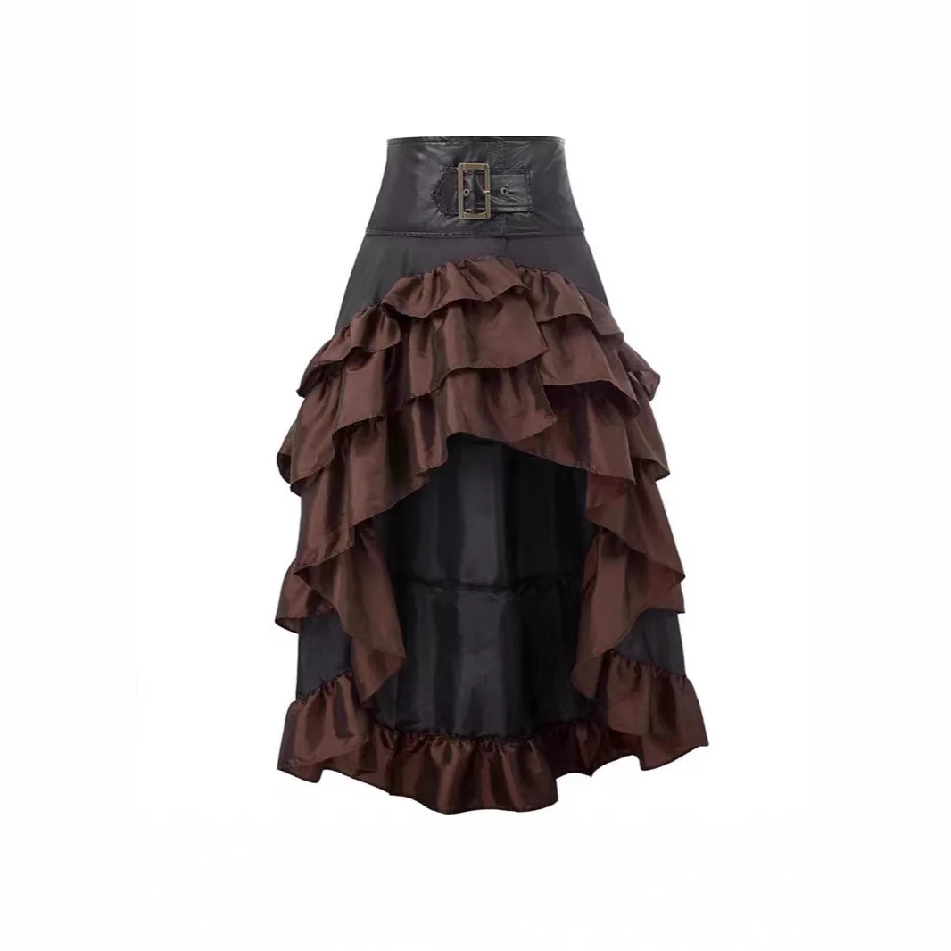 Vintage Leather High Waist Patchwork Cake Skirt with Copper Buckle High Low Ruffle