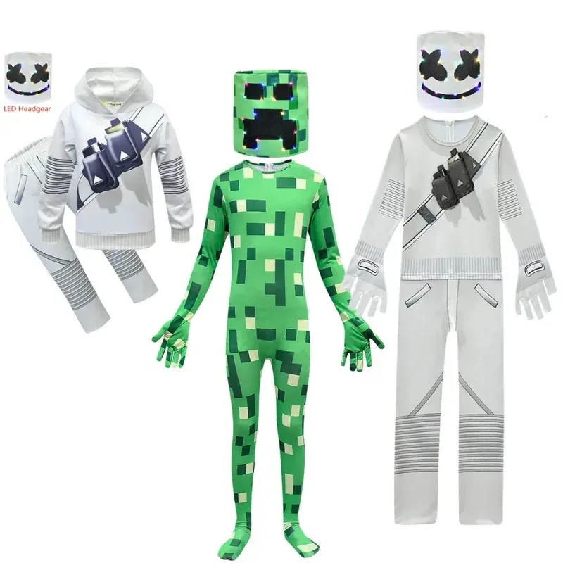 

Kids Boy Girls C-Creeper Funny Party Cosplay Halloween Light Up Mask LED Headgear DJ Music Festival Rave Party Carnival Jumpsuit