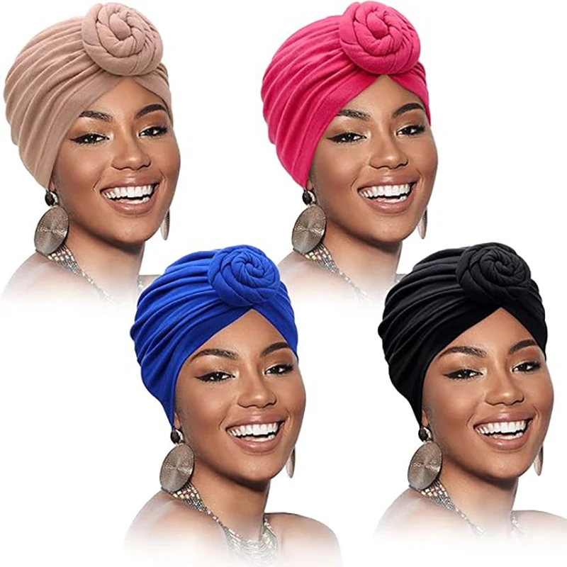 

4PCS/LOT Muslim Women Turban Hat Knot Headwrap Ladies Hair Cover Bonnet Beanie African Headscarf Chemo Cap Bandanas
