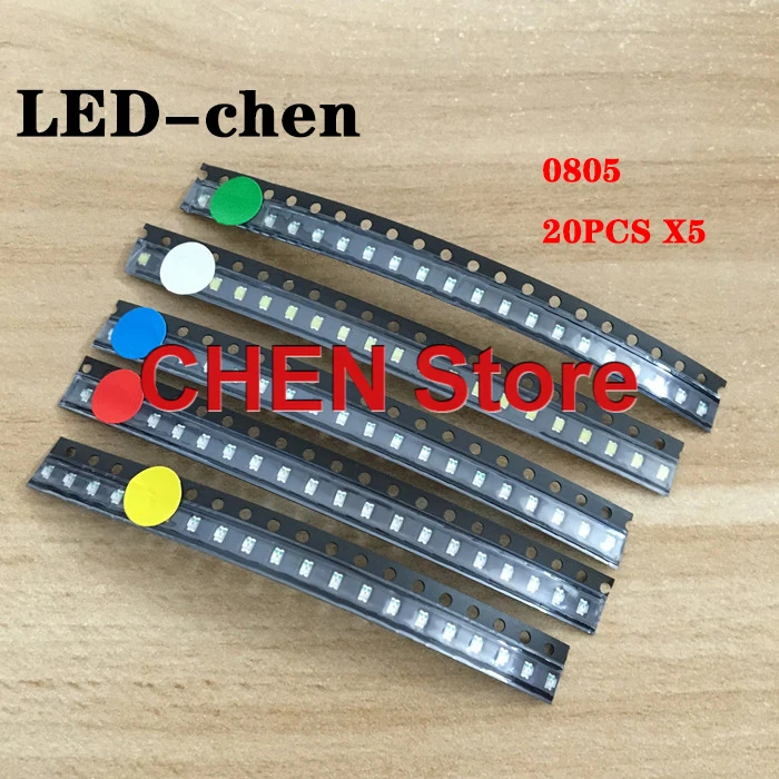 100Pcs Chip 0805 Led Kit Rood/Groen/Blauw/Geel/Wit Led Light Diode Kit 5 kleuren X 20Pcs Led Smd