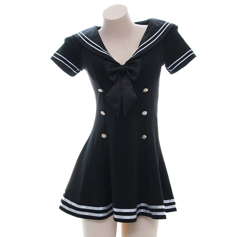 Vestido largo de marinero japonés para mujer, uniforme negro con cuello en V, vestido de sirvienta con lazo para colegiala, conjunto de Cosplay