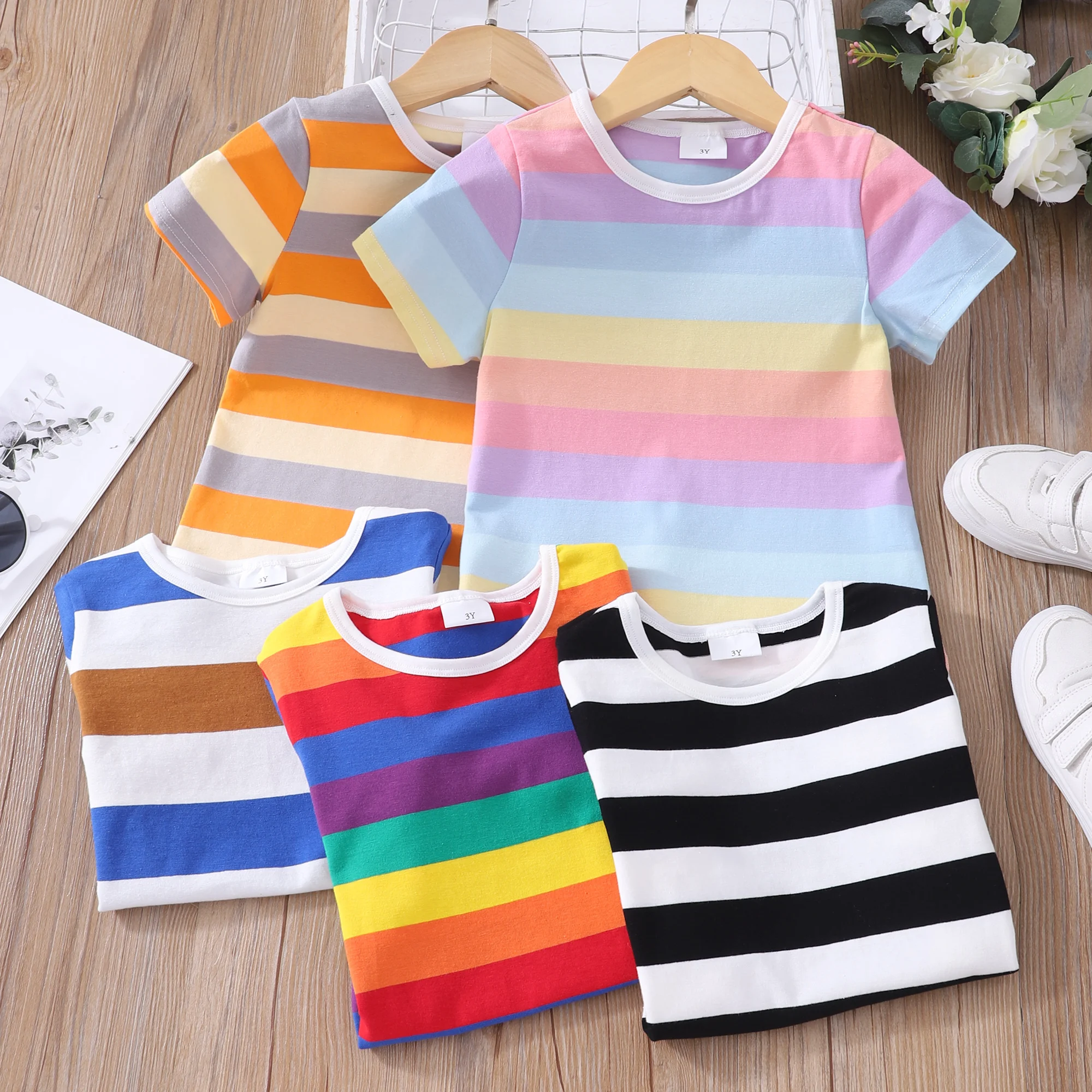 Tshirt Kids 2-7 Years Old Summer Boy Girl Short Sleeve Rainbow Stripes Top Casual Cotton Children Clothing Tops Baby Kid T-shirt