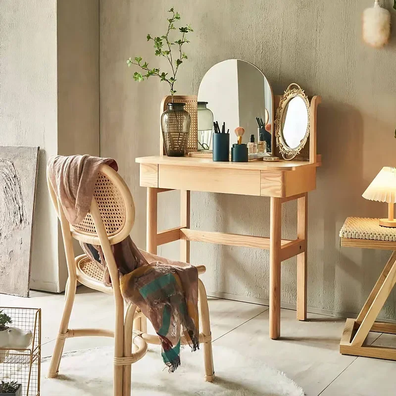 Nordic rattan dresser small apartment household bedroom with mirror dressing table solid wood makeup table table and chair