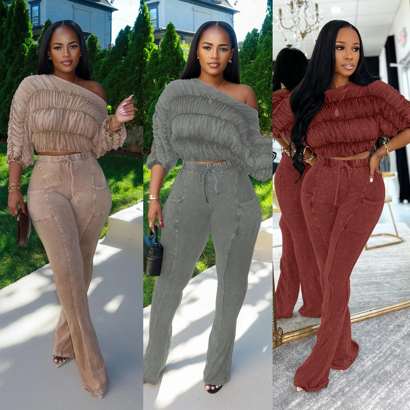 EINY Women 2 Piece Set Sexy Skew Collar Long Sleeve Shirring Crop Tops+High Waist Pockets Slim Flare Pants Woman Fashion Suits