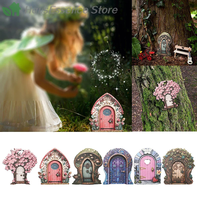 ※Elf Fairy Door Miniature Garden Tree Doors Miniature Yard Art Wooden Sculptures Mini Home Garden Doors Christmas