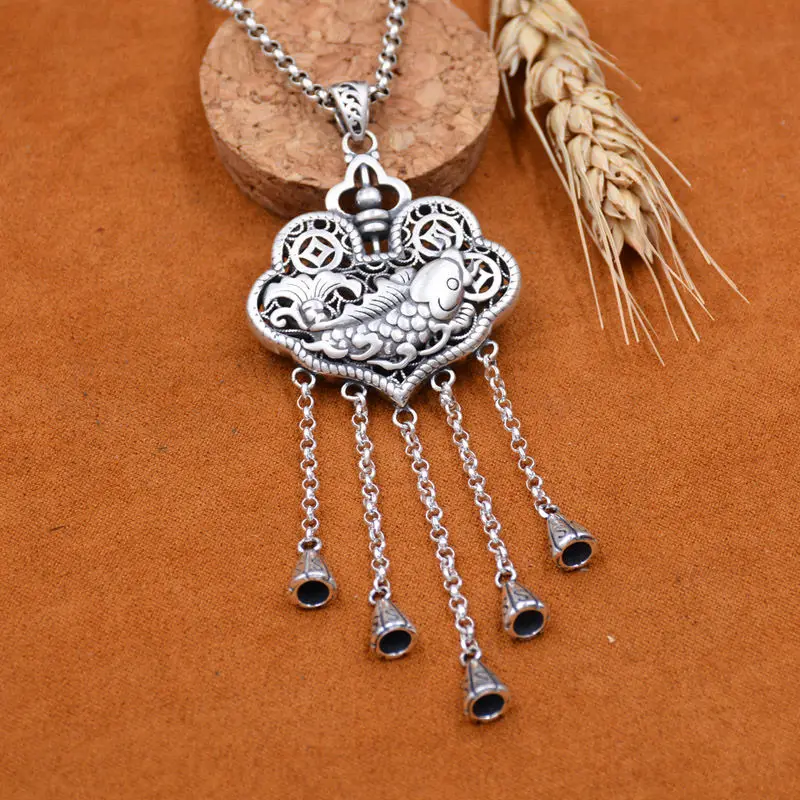 New in Exquisite Ruyi Lock Long Tassel Pendant silver 925 Exquisite Design Carp charms necklaces Banquet Jewelry Gift