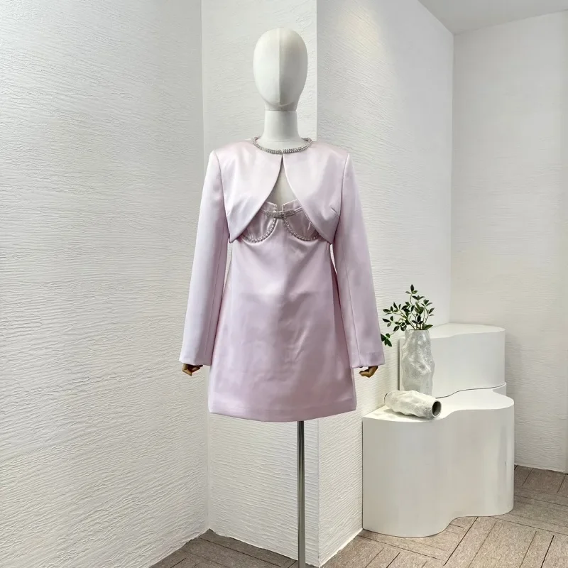 

Woman High Quality Violet Purple Sleeveless Sling Mini Dress and Long Sleeve Women Coat Set for 2024 New Arrivals Holidays