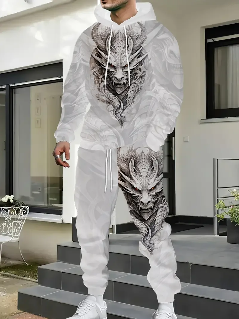 الخريف كول التنين ثلاثية الأبعاد مطبوعة هوديي البدلة الرجال بلوزات Sweatpants موضة عادية قطعتين طقم رياضي الركض رياضية #4