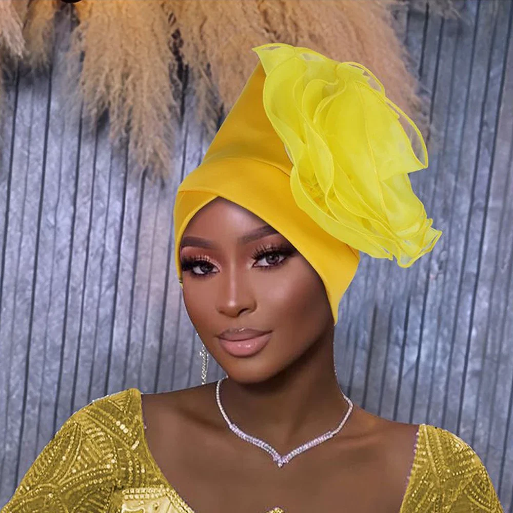 Women Big Flower Turban Muslim Hijab Hat Bonnet Wedding Party Headscarf Nigeria Headpiece African Auto Gele Headtie Headwrap Cap
