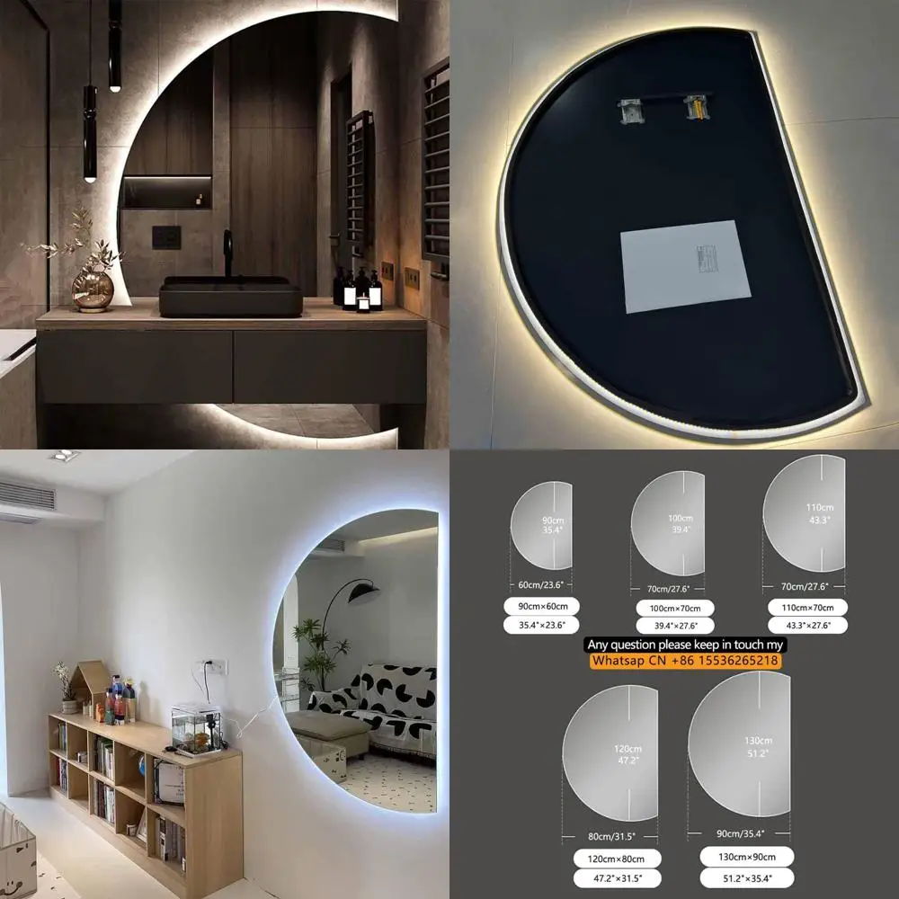 Grande espelho de maquiagem iluminado por LED meia lua, 51x35cm, sem neblina, adequado para banheiro e entrada