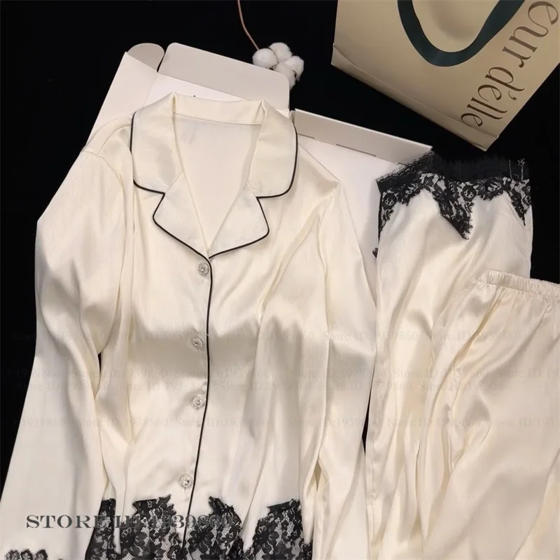 

Elegant Female Long Sleeve Pajamas Set Lounge Wear Sexy Patchwork Lace Sleepwear Pijama Suit Loose Silk Satin Nightwear Pyjama