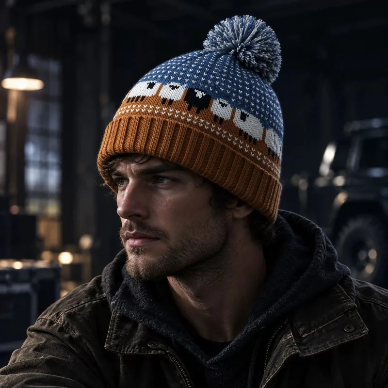 Customized Embroidered Logo Fel Island Style Lamb Jacquard Knitted Hat Autumn/Winter Outdoor Ear Protection Skull Beanie Caps
