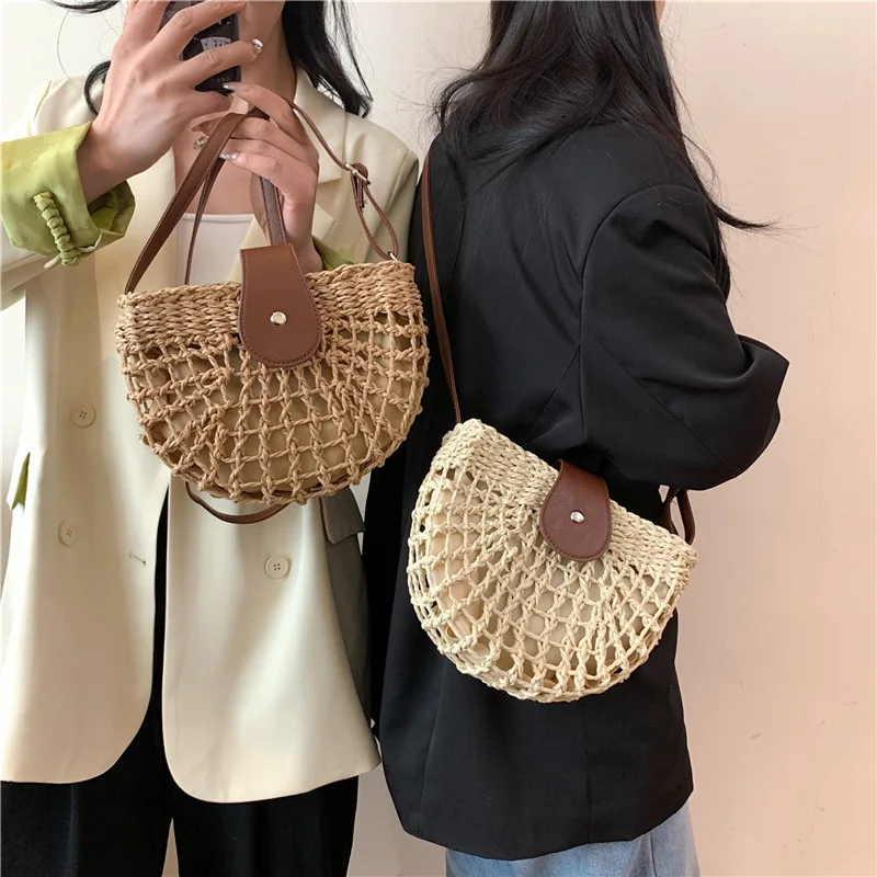 Handwoven Raffia Straw Saddle Purse For Women Beach Holiday Crossbody Shoulder Bag Small Niche Tote Casual Vacation