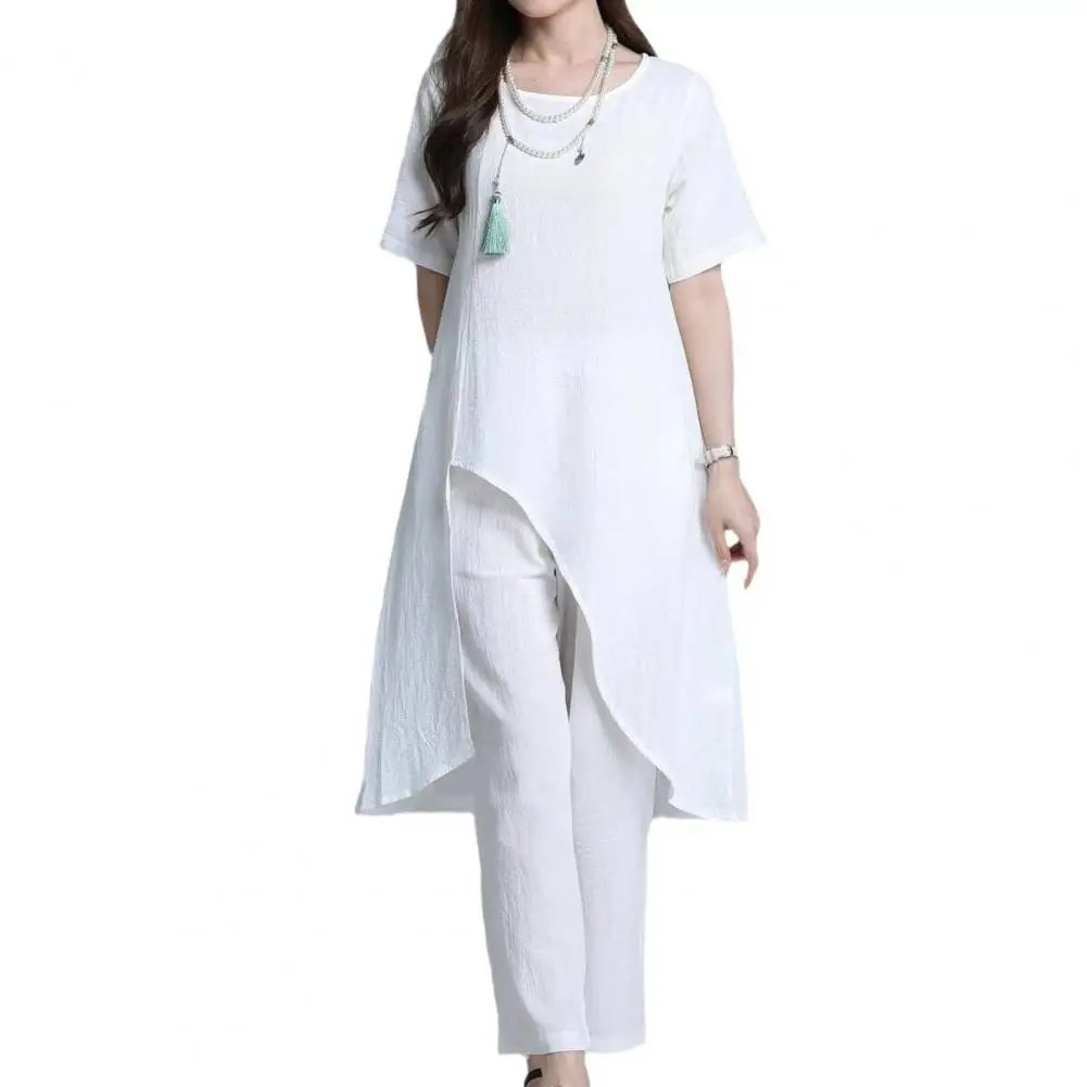 2024 Women Top Pants 2Pcs/Set Irregular Hem Short Sleeves Loose Mid Length Top Wide Leg Trousers Outfit