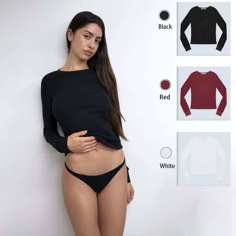 

Женская майка облегающего кроя с круглым вырезом и длинными рукавами, винтажный базовый трикотаж, теплый топ с длинными рукавами на осень и зиму, облегающий, для похудения, подчеркивающий сексуальную фигуру