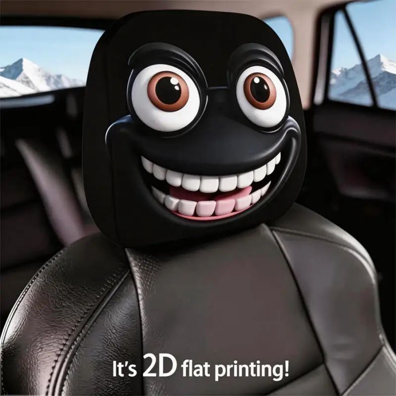 2PCS-2D Big Grin Cartoon Face Car Headrest Cover - Funny Expression Headrest Protector Universal Fit Auto Interior Decor