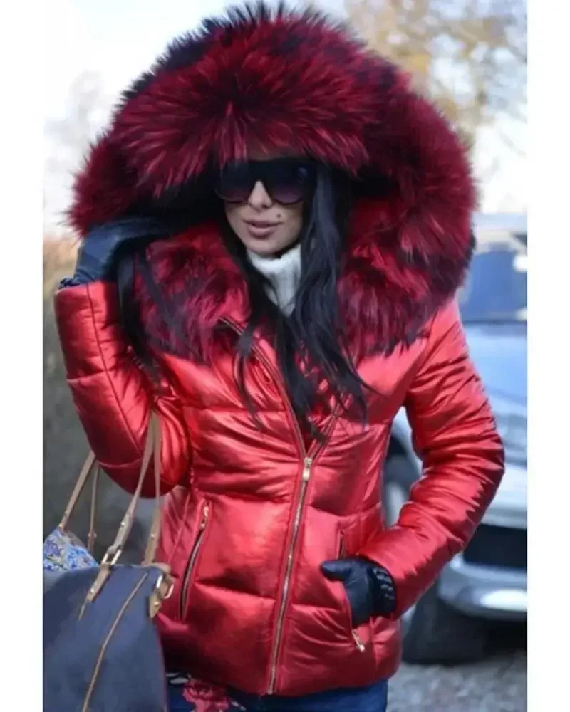 New Hood Solid Color Fur Hooded Jacket Autumn Winter New Women\'s Cotton-Padded Down Short Parka Coat Jacket Fashion Casual