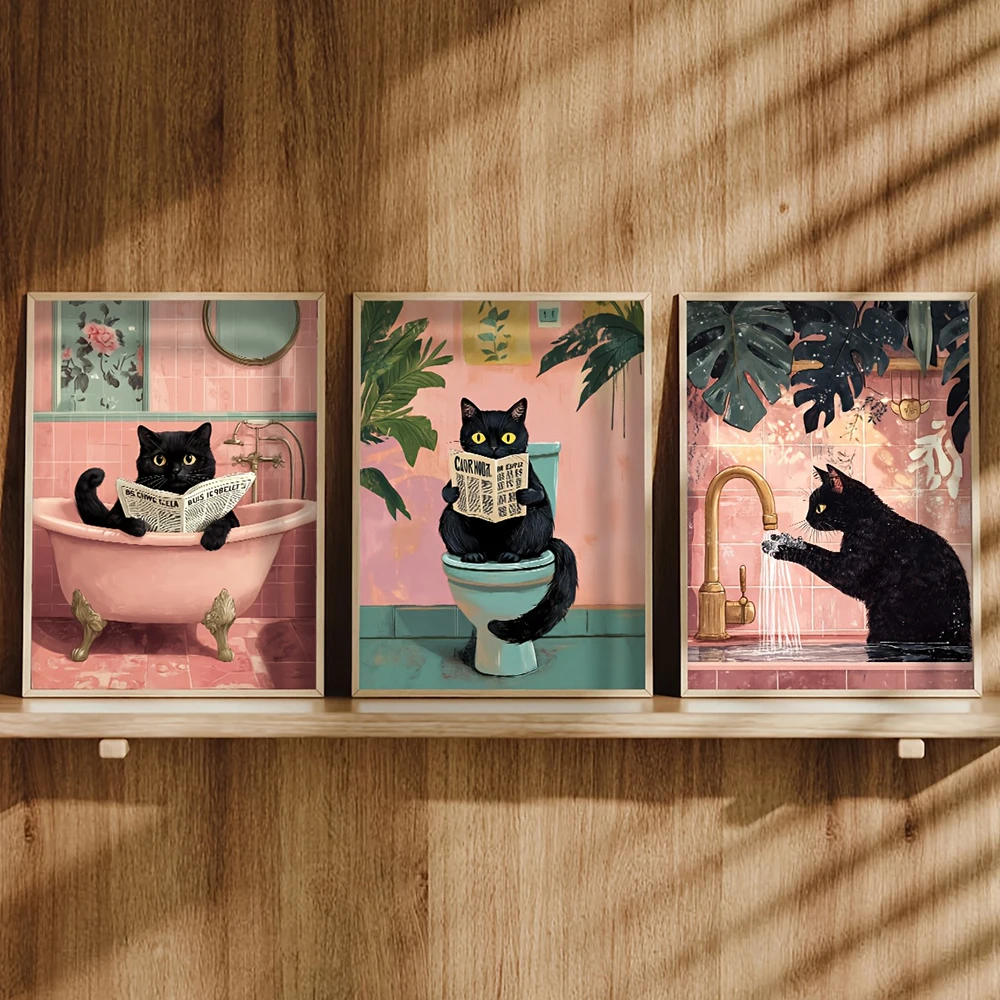 Whimsical Black Cat Reading Newspaper Poster Prints Bathroom Vintage Pink Maximalist Decor Funny Toilet Canvas Painting Wall Art