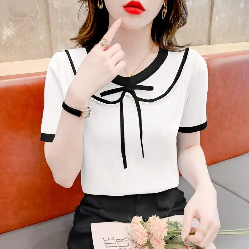 Fashion O-Neck Spliced Bow Beading T-Shirts Women\'s Clothing 2024 Summer New Loose Knitted Korean Tops Office Lady Tee Shirt