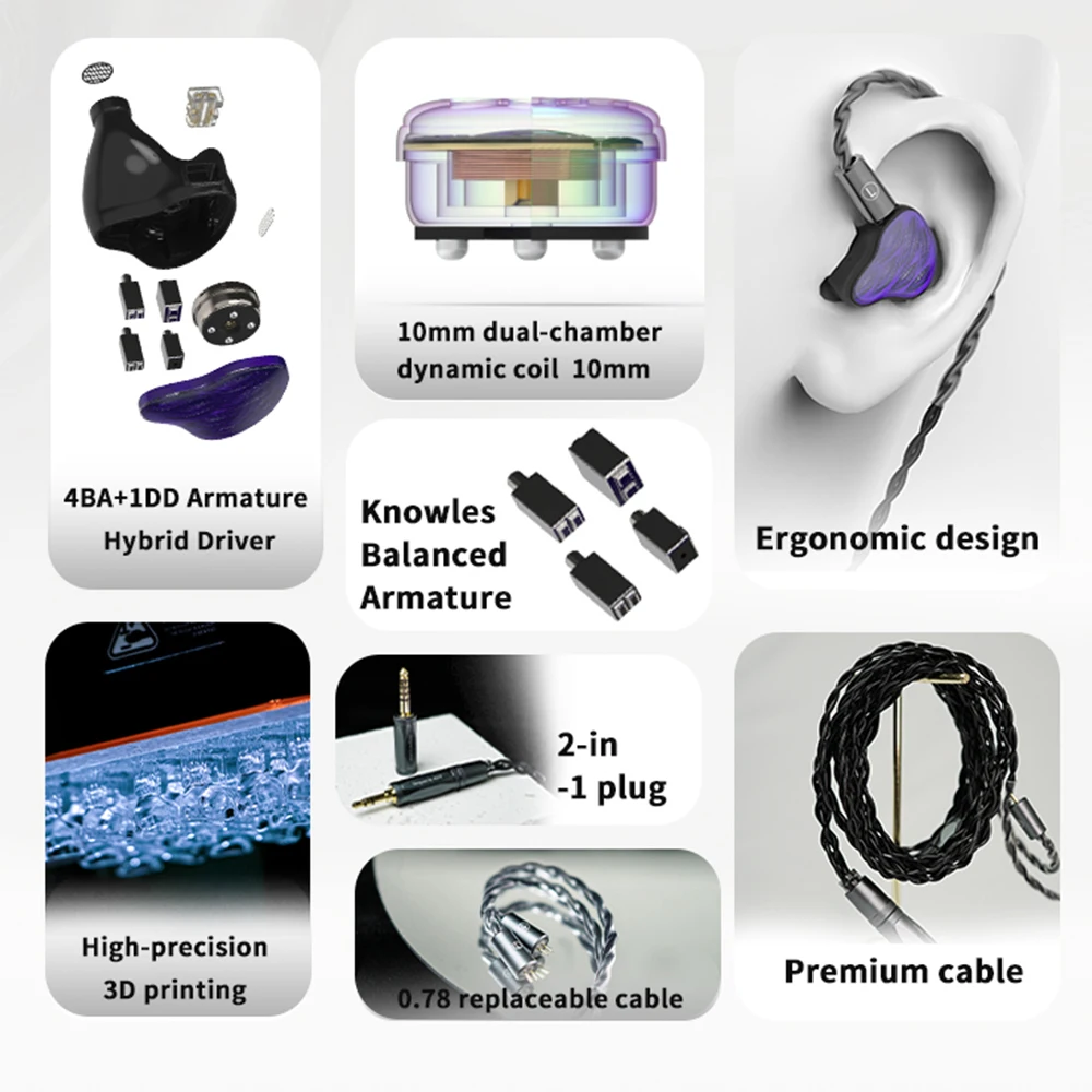Bgvp pena 4ba + 1dd armadura híbrido driver alta fidelidade fone de ouvido iems 10mm bobina dinâmica de câmera dupla fone de ouvido 2-em-1 plug 3.5 + 4.4mm