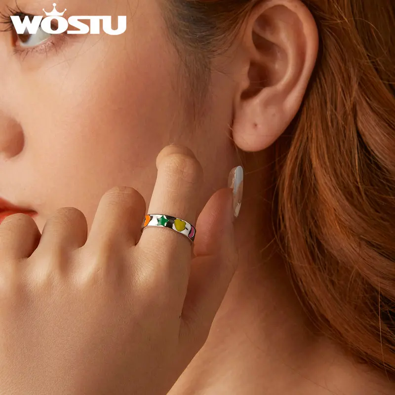 WOSTU Original 925 Sterling Silver Colors Rainbow Heart Moon Wide Ring with White Gold Plated for Women Party Gift Fine Jewelry image 3