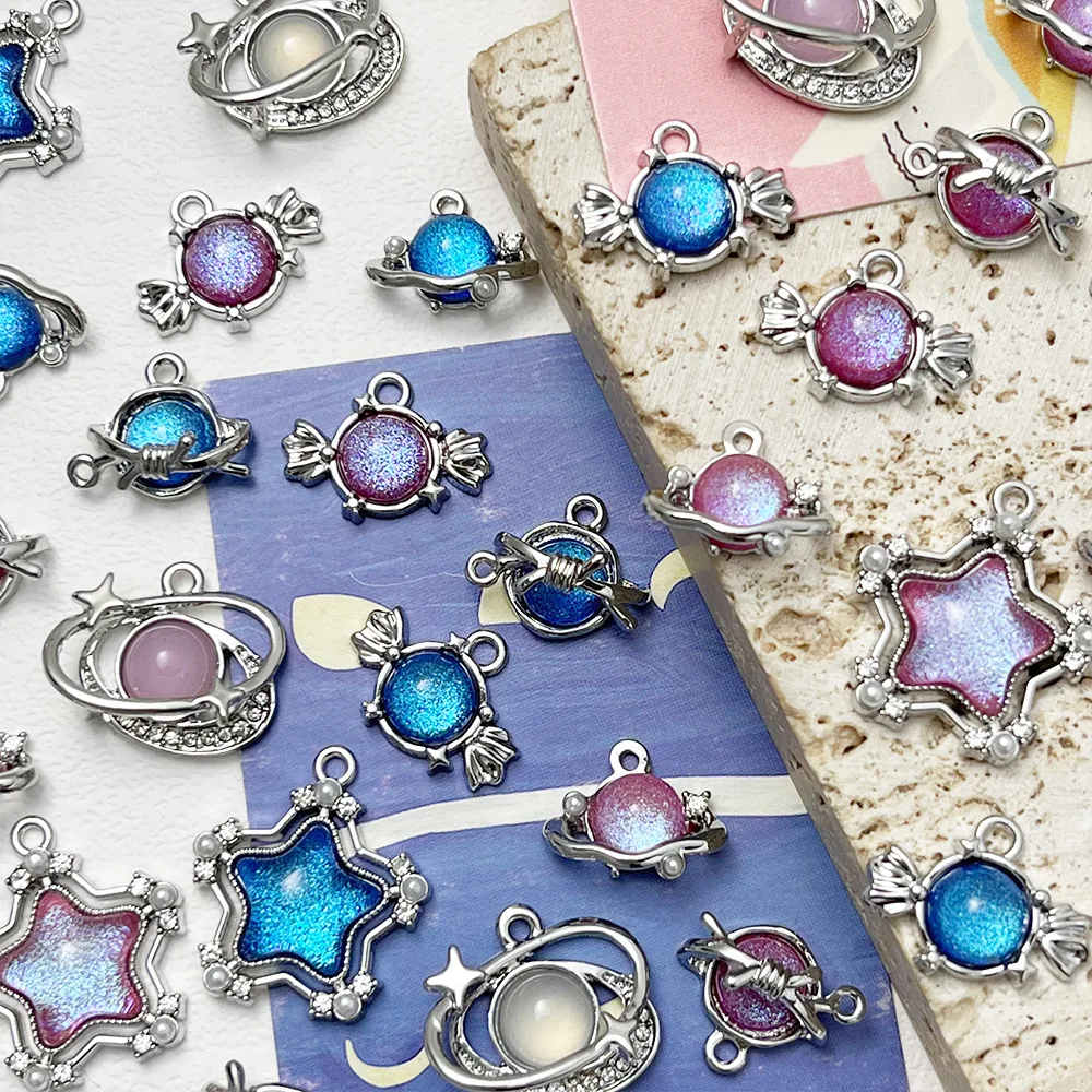 10pcs Starry Sky Necklace Earrings Pendants Connectors Silver Color Star Moon Pendant Charms Diy Jewelry Making Accessories