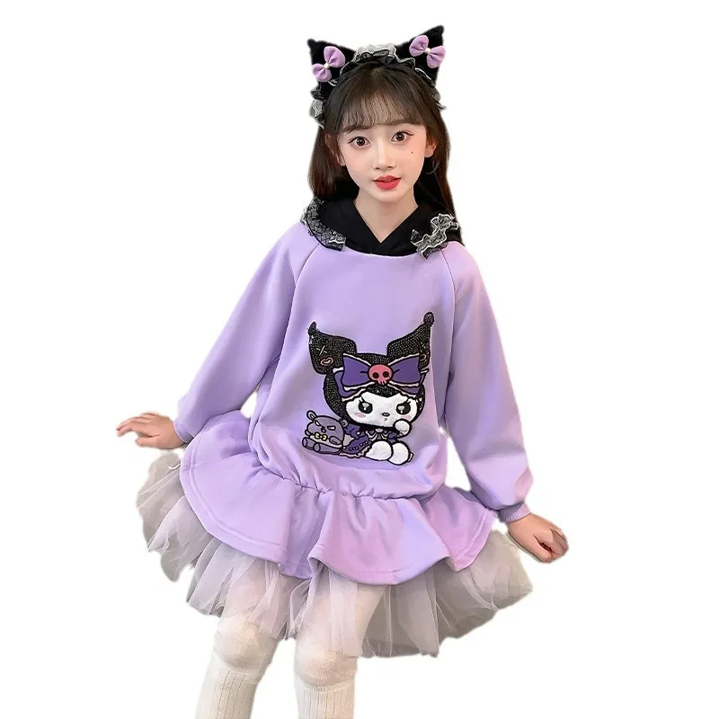 Sanrio Children's Hooded Sweatshirt Dresskuromi Accessories Cute Kawaii Anime Autumn and Winter Padded Thickened Toys Girls Gift