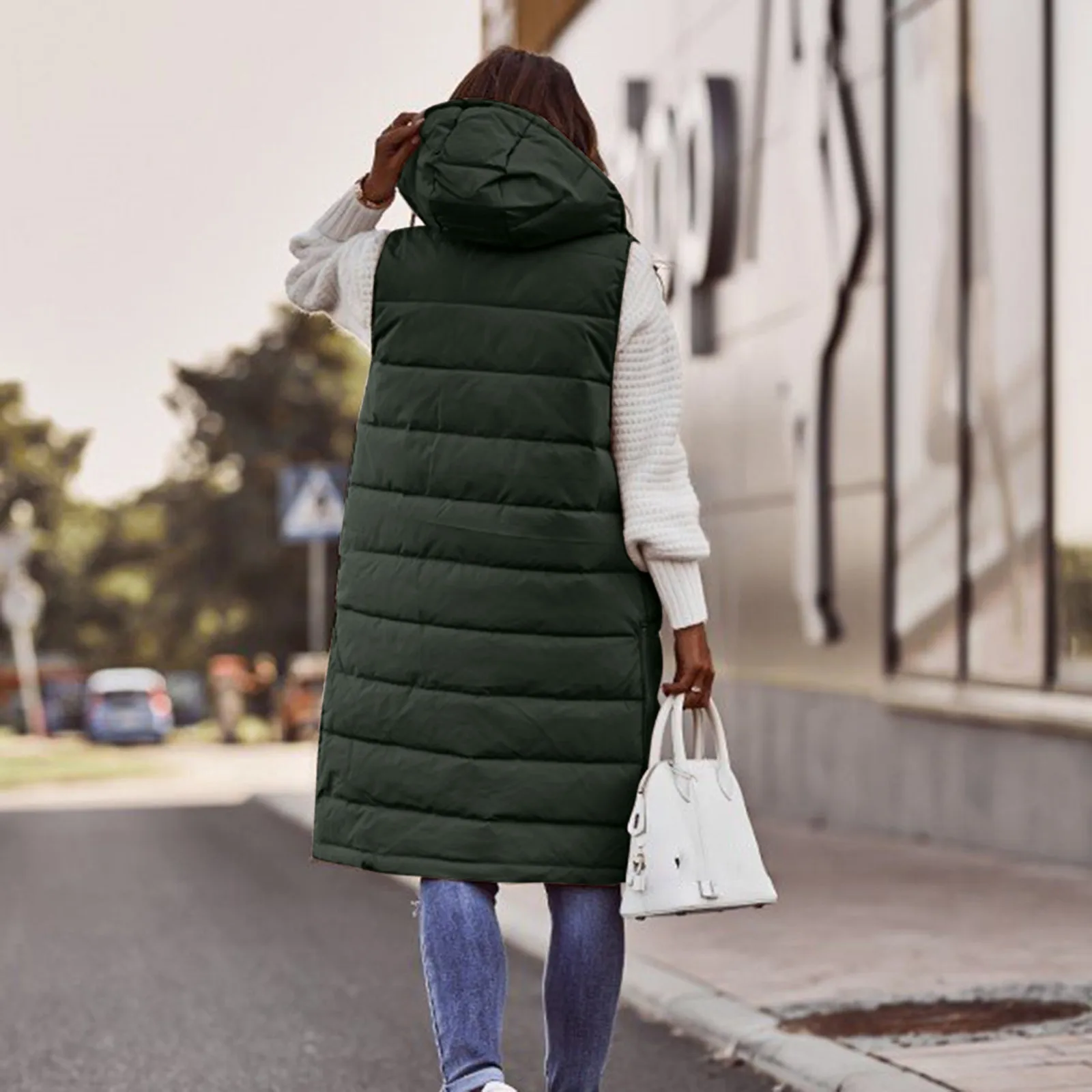 Mid-Length Cotton Clothing Waistcoat Slim Fit Elegant Women Solid Color Hooded Single-Breasted Cardigan Coat Top Vest Parka