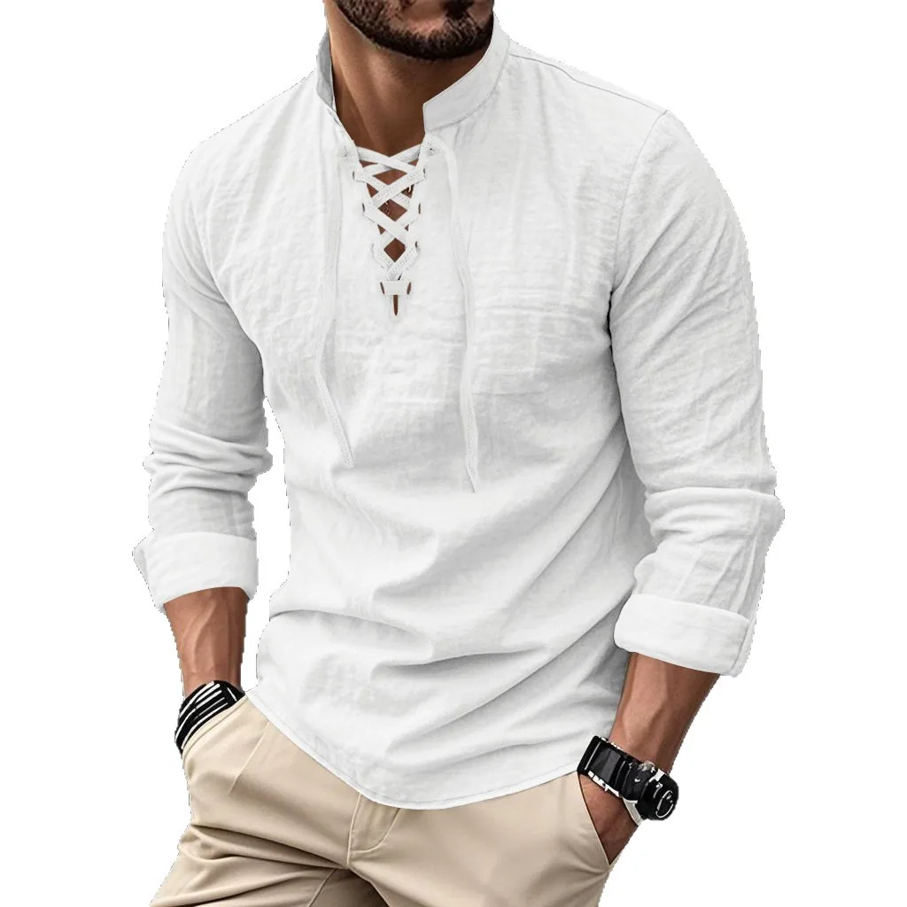 Men's Pure Color Long Sleeve Linen Henry Shirt Casual Beach Stand Collar Shirt Comfortable Loose Fit Lightweight Spring Shirt