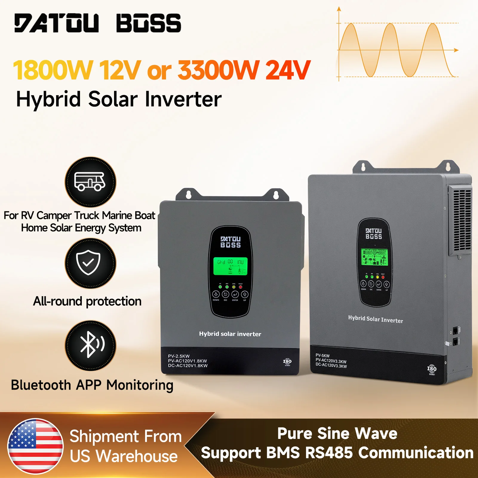 DATOUBOSS 1800W 12V Hybrid Solar Inverter Pure Sine Wave MPPT Solar Charger 2500W PV Input Off-Grid Power Inverter for RV Camper Truck Marine Boat Home Solar Energy System