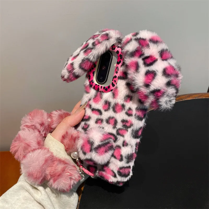 Luxury 3D Leopard Print Rabbit Plush Phone Case For Samsung Galaxy S26 S25 24 23 Ultra Plus A57 With Lanyard Shockproof Cover view 3