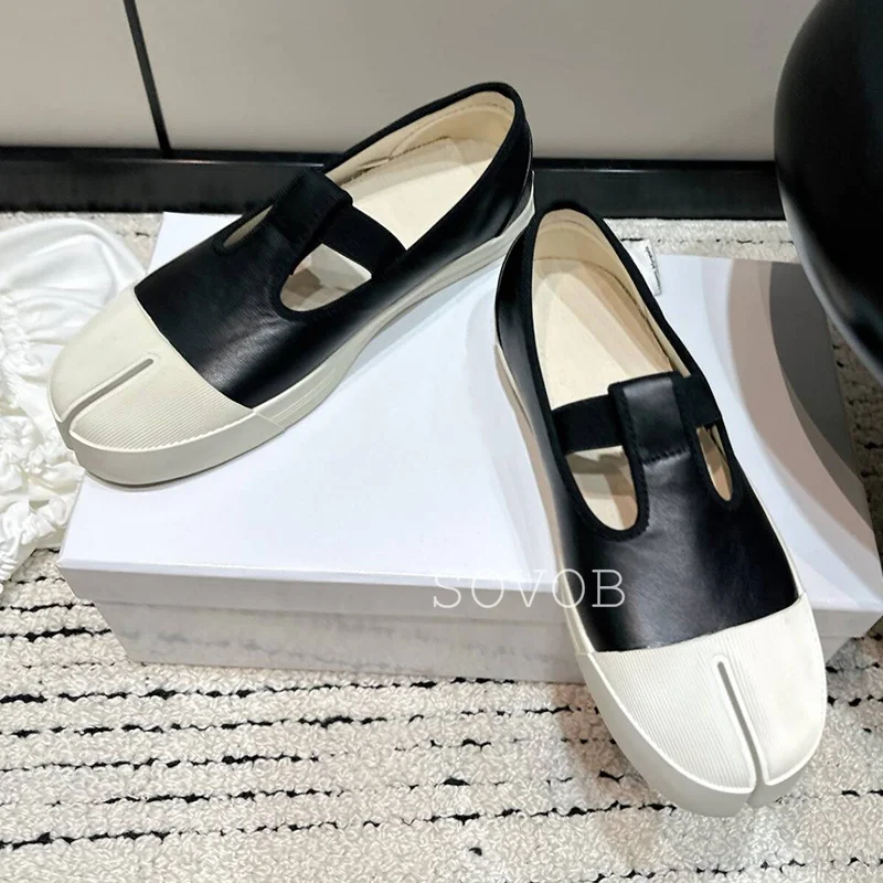 Spring Genuine Leather Color Blocking Split Toe Flat Shoes Women With Elastic Bands Versatile Mary Jane Casual Walking Shoes