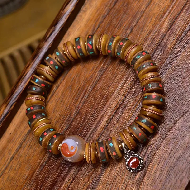 Yak Duobao Inlaid Bead Playing Single-Wrap Bracelet Pharmacist Agate Gossip Backflow Bone Cultural Artifact Prayer Beads Br