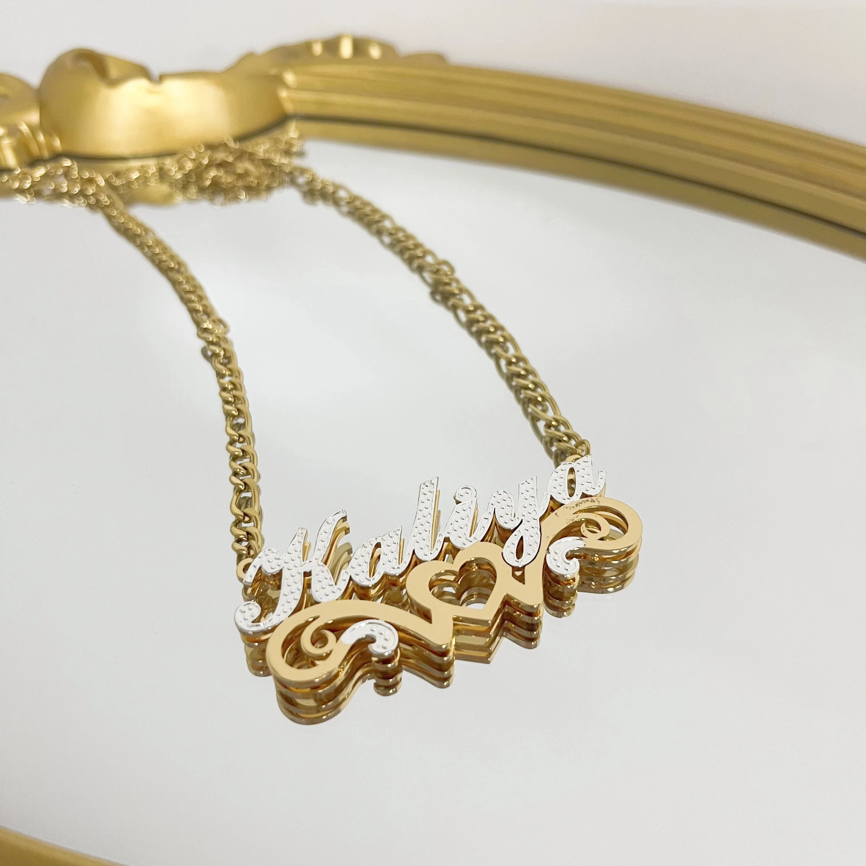 

Personalized Double Layer Name Necklace Two Tone Stainless Steel Jewelry 3D Necklace Hip Hop Nameplate Mother Gift Jewelry