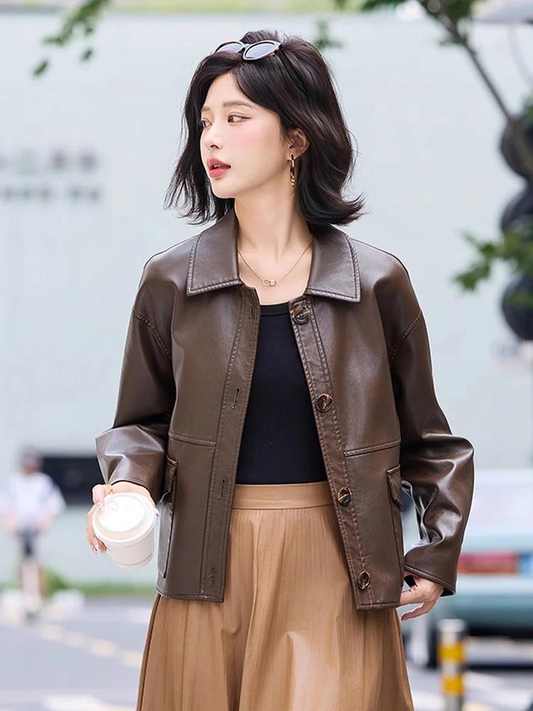 Nuovo Donne Primavera Autunno Pelle spaccata Giacca Moda Colletto risvoltato Monopetto Allentato Cappotto di pelle Casual Giacca femminile