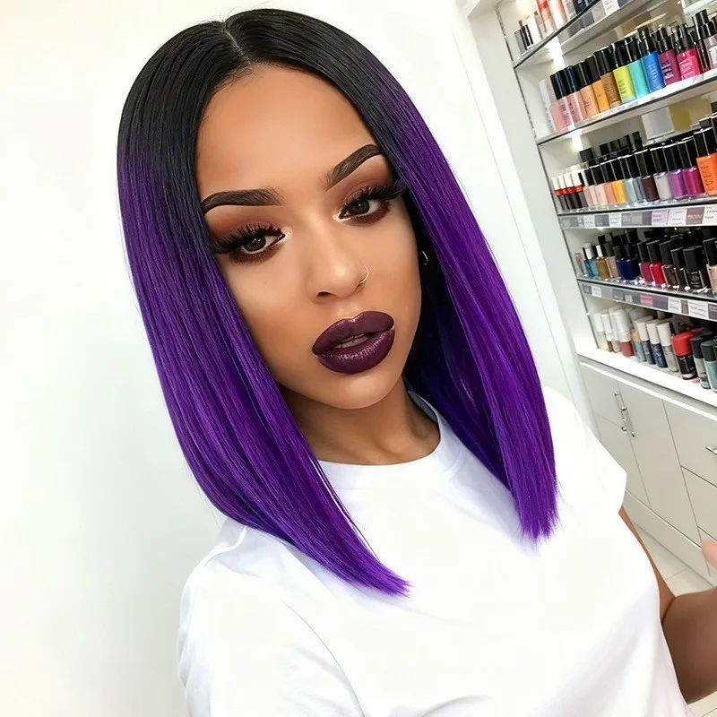 European and American wig headgear gradient, split straight, high temperature, silk purple-Synthetic fiber wig