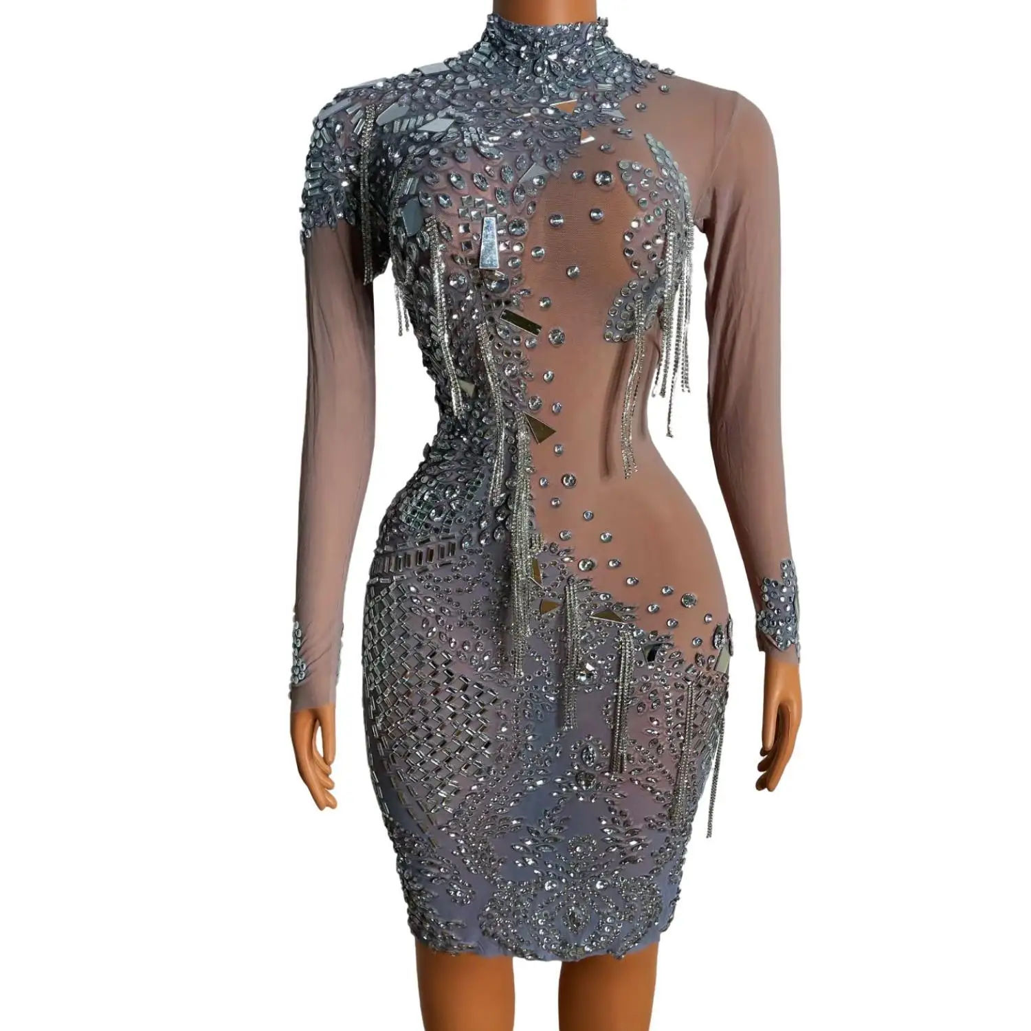 Shining Silver Mirrors Rhinestones Chains Mesh Dress Sexy Birthday Party Celebrate Fringes Costume Nightclub Show Outfit Dahan