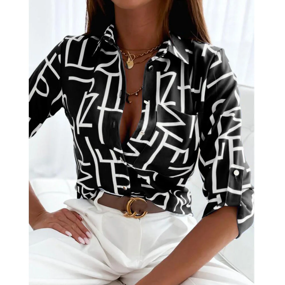 Spring And Autumn Women's Fashion Printed Button Shirts Elegant Women's Lapel Long Sleeve Pockets Casual French Blouse
