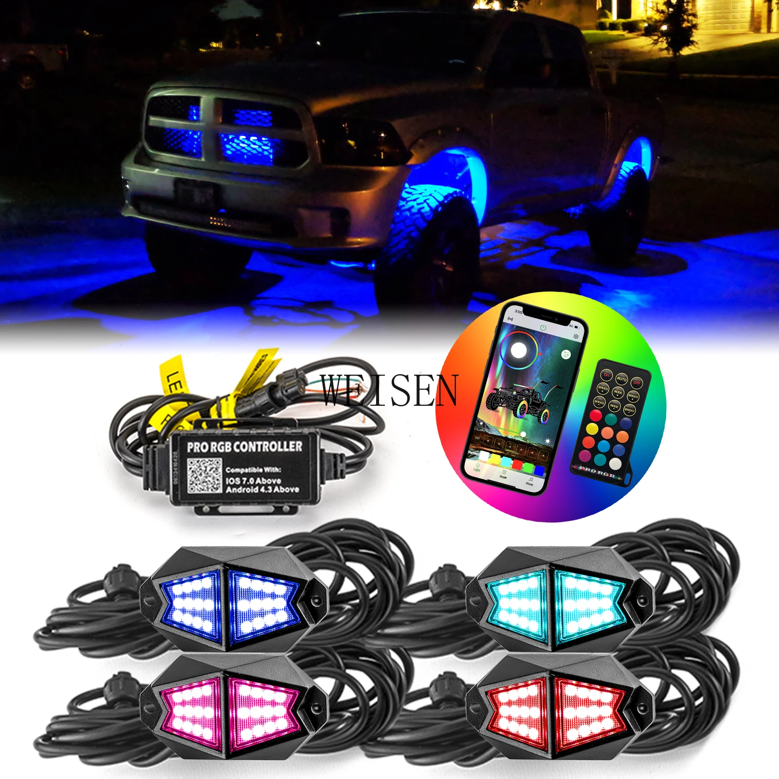 RGB Rock LED Lights Remote & APP for Off-road UTV ATV SUV Car Golf Cart Truck Boat Go Kart Polaris RZR Can Am X3 Accessories