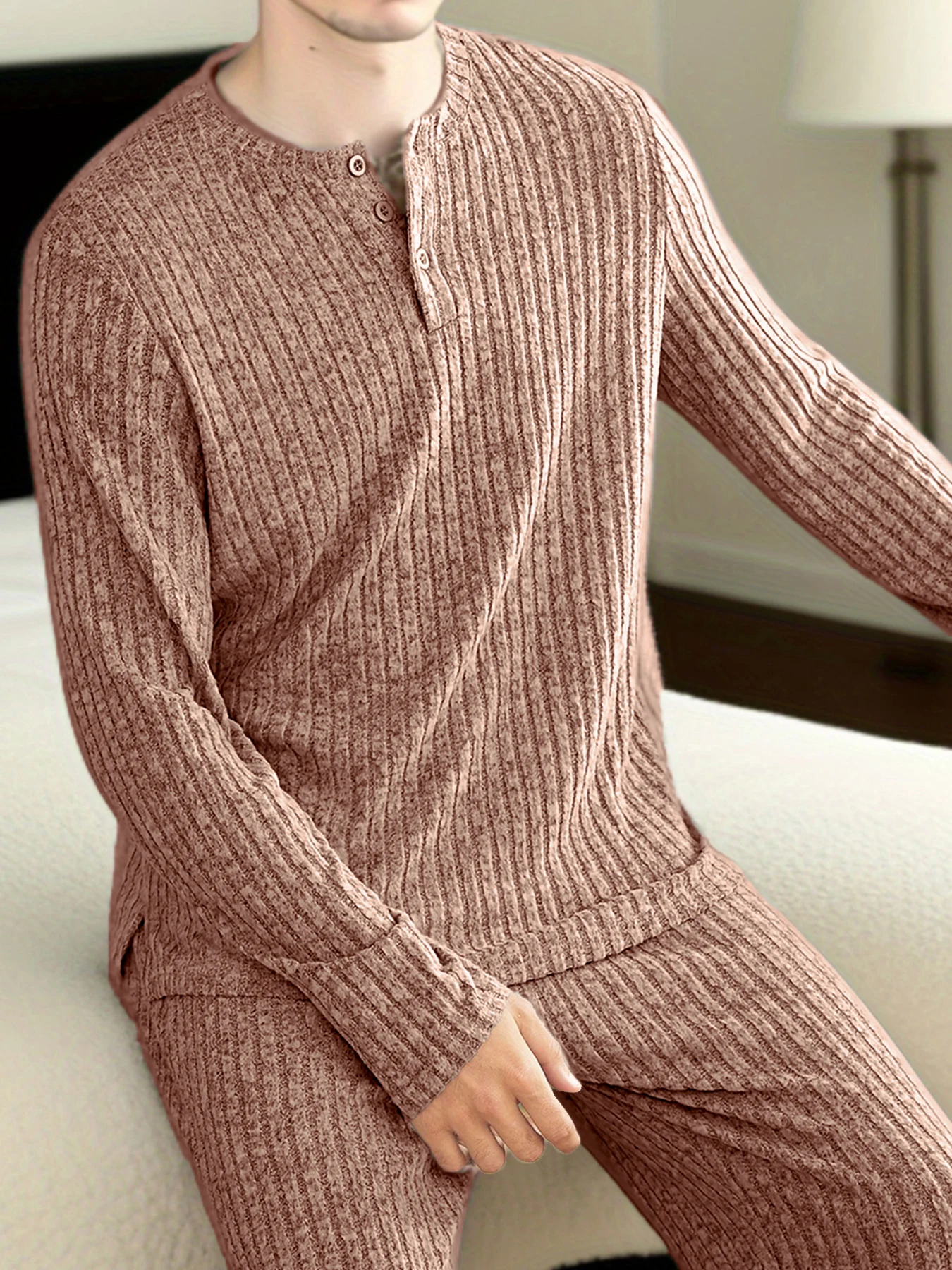 

Men's Cozy Ribbed Loungewear, Long Sleeve Knit Shirt & Elastic Waist Pants Set