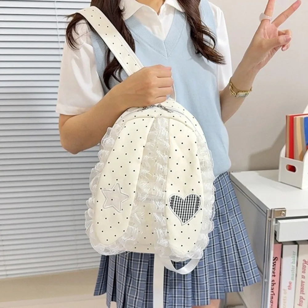 Casual Star Bunny Ear Backpack Love Heart Korean Style Rabbit Ear School Bag Large Capacity Nylon Polka Dot Backpack Outdoor
