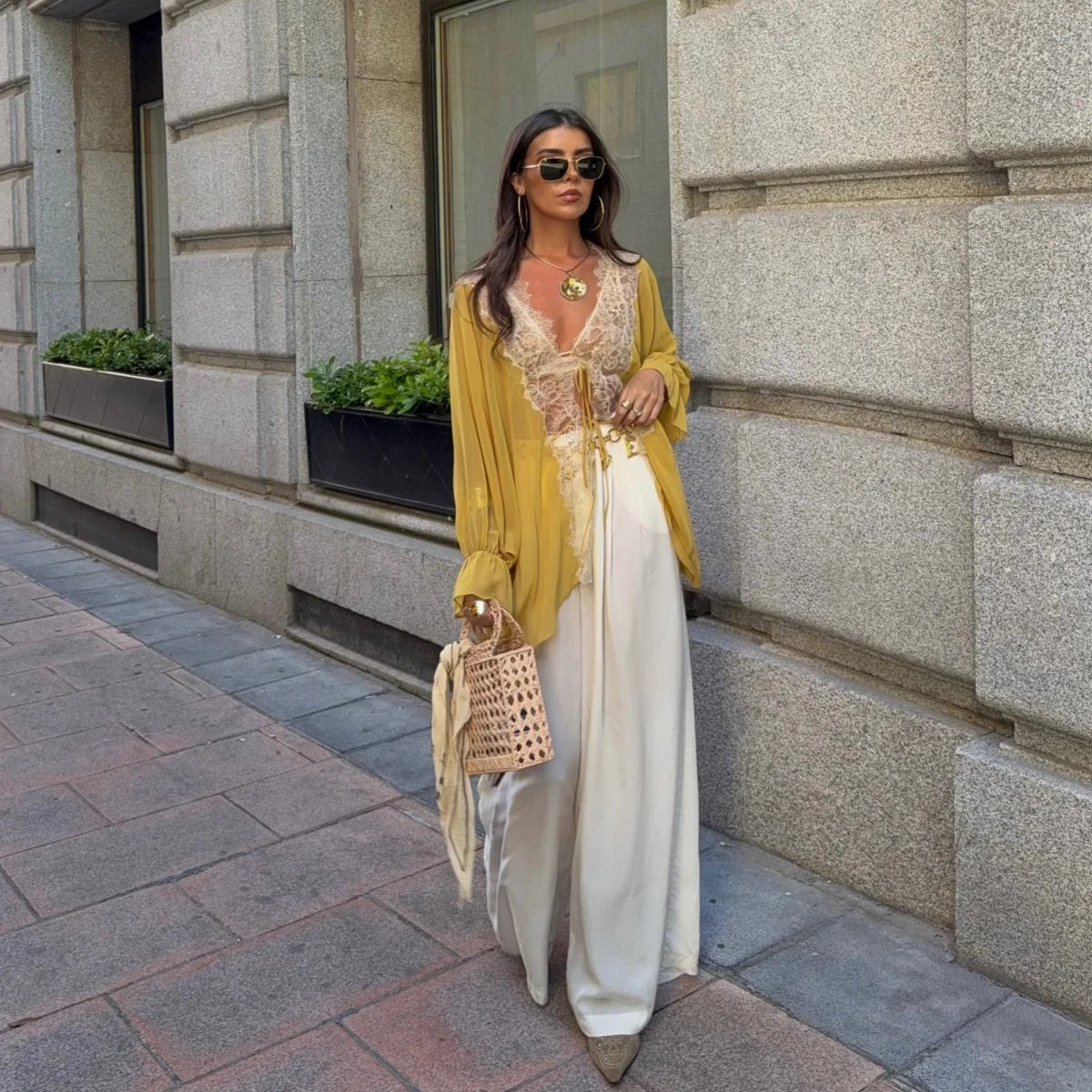 BSAY Women's Lace Spliced V Neck Long Sleeve Blouse Drawstring Loose Oversize Casual Shawl Shirt Chic Ladies Tops Mujer
