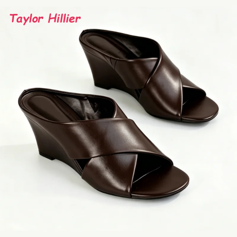 Faux Leather Wedge Mule Women Fashion Open Toe Cross Strap Slip On Outdoor Summer Stylish Office Daily Commute Casual Sandals
