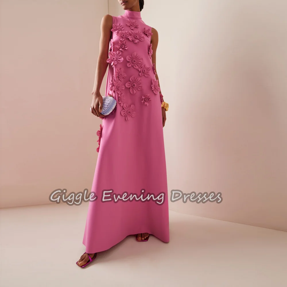 Giggle Crepe Luxury A-line New Arab O-neck Elegant Gown for women with flowers Ankle Length Formal saudi evening dresses 2024