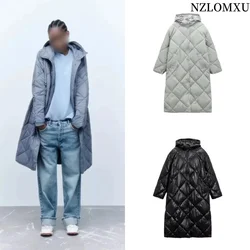 Women's 2024 New Two-Color Fashionable and Versatile Diamond Check Quilted Hooded Long Cotton Coat Coat Comfortable